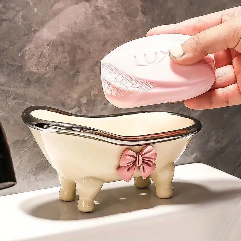 1PC Cute bow soap box, Household bathroom countertop drain soap box, Bathtub soap box, Soap Rack, Soap Container, Soap Bar Holder, Soap Dish Holder, Soap Dish For Bathroom Sink, Bathroom Accessories, Space-Saving Design for Organized Bathroom Countertops