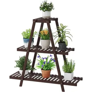 Stand For Indoor Outdoor Tiered  Shelf 3 Tier 8 Potted  Flower Holder Ladder Rack For Multiple Triangle Table  Pot Stand (Brown)