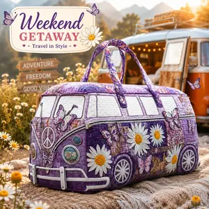 Purple Butterfly Daisy Quilted Duffel Bag for Women, Retro Hippie Van Weekender Travel Bag, Large Capacity Overnight Tote, Boho Floral Gym Bag for Camping, Road Trips, Vacation & Weekend Getaways