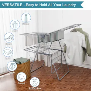 Clothes Drying Rack Foldable, Foldable Laundry Drying Rack, Free-Standing Large Drying Rack, with Height-Adjustable Wings, for Indoor Outdoor, Grey