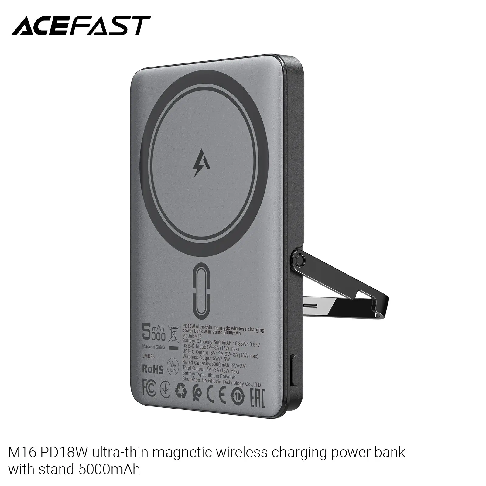 ACEFAST M16 Magnetic Portable Charger - 5000mAh Mobile Power Bank, 18W PD Charging, Palm-Sized Foldable Alloy Aluminium Stand, Black for Smartphones & Electronics Accessories