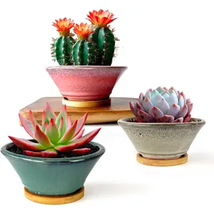 6 Inch Glazed Terracotta Succulent Pot Planter Small  Pot with Drainage Hole and  Saucer Cactus Ceramic Pot Set of 3 (Light Green  White)