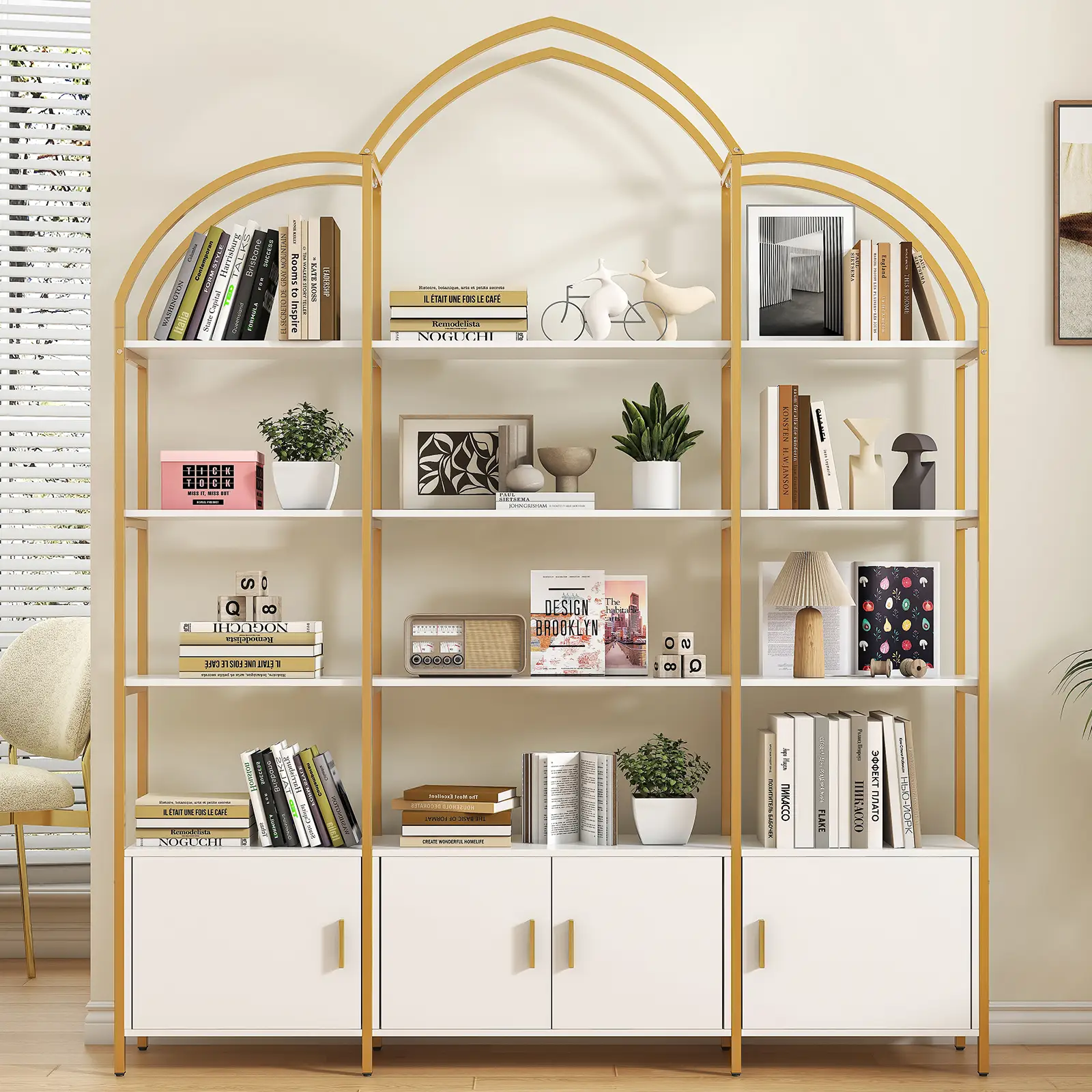 Semoic Arched Bookshelves and Bookcases: Triple Wide 5-Tier Large Open Bookshelf, Etagere Bookcase with Display Shelf for Home Office, White and Gold