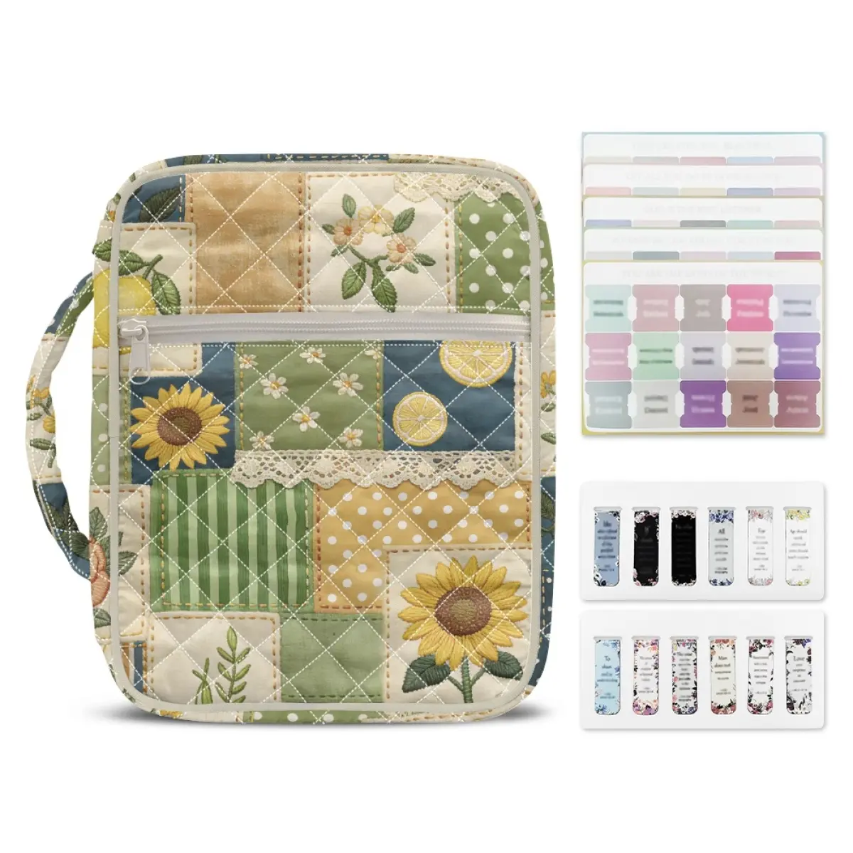Floral Quilted Bible Case ,Large Capacity Storage Bag ,Bible Cover Bag for Women, Aesthetic Sunflower Patchwork Organizer With Handle for Bible Study, Journaling & Home Office, Includes Bible Tabs and Bookmarks