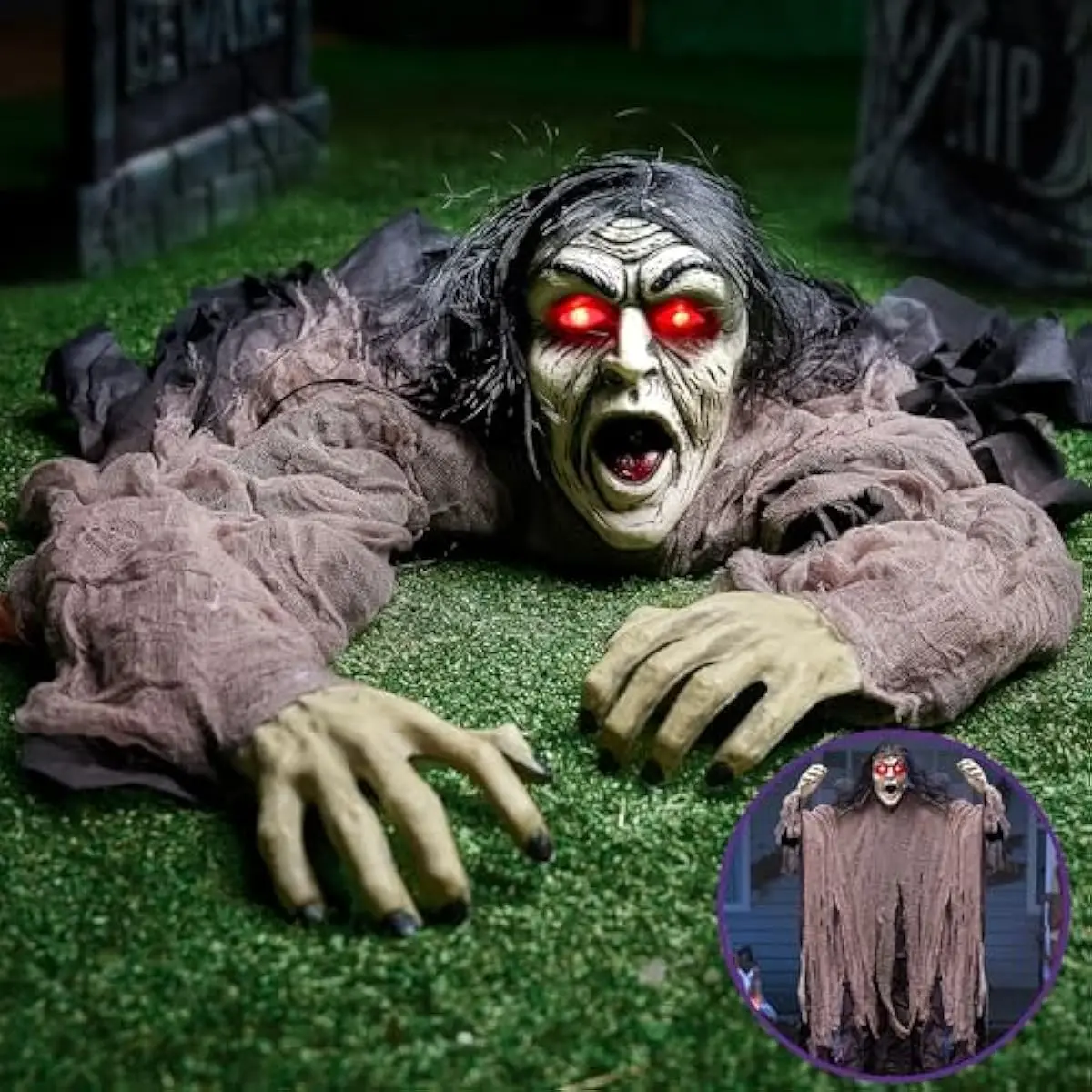 Halloween Zombie Decorations Outdoor, Halloween Groundbreaker Outside Decor, Hanging Zombie Prop with Green Face and Lighted Eyes for Graveyard, Haunted House, Lawn, Yard, Indoor Decor