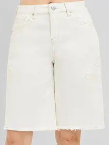 RISEN Slouchy Relaxed Floral Embroidered Bermuda Denim Shorts