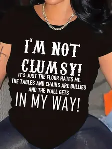 Plus Size, Plus Size I'm Not Clumsy Graphic Print Tee - Casual Crew Neck Short Sleeve Top for Women | Soft Polyester Blend 3