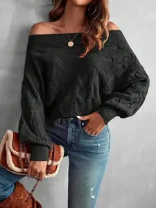 Women's Off-the-Shoulder Boat Neck Batwing Sleeve Sweater 2026 Fall Winter Casual Elegant Cable Knit Solid Color Loose Fit Long Sleeve Jumper Top Fashion Chic Soft Cute Stylish Knitted