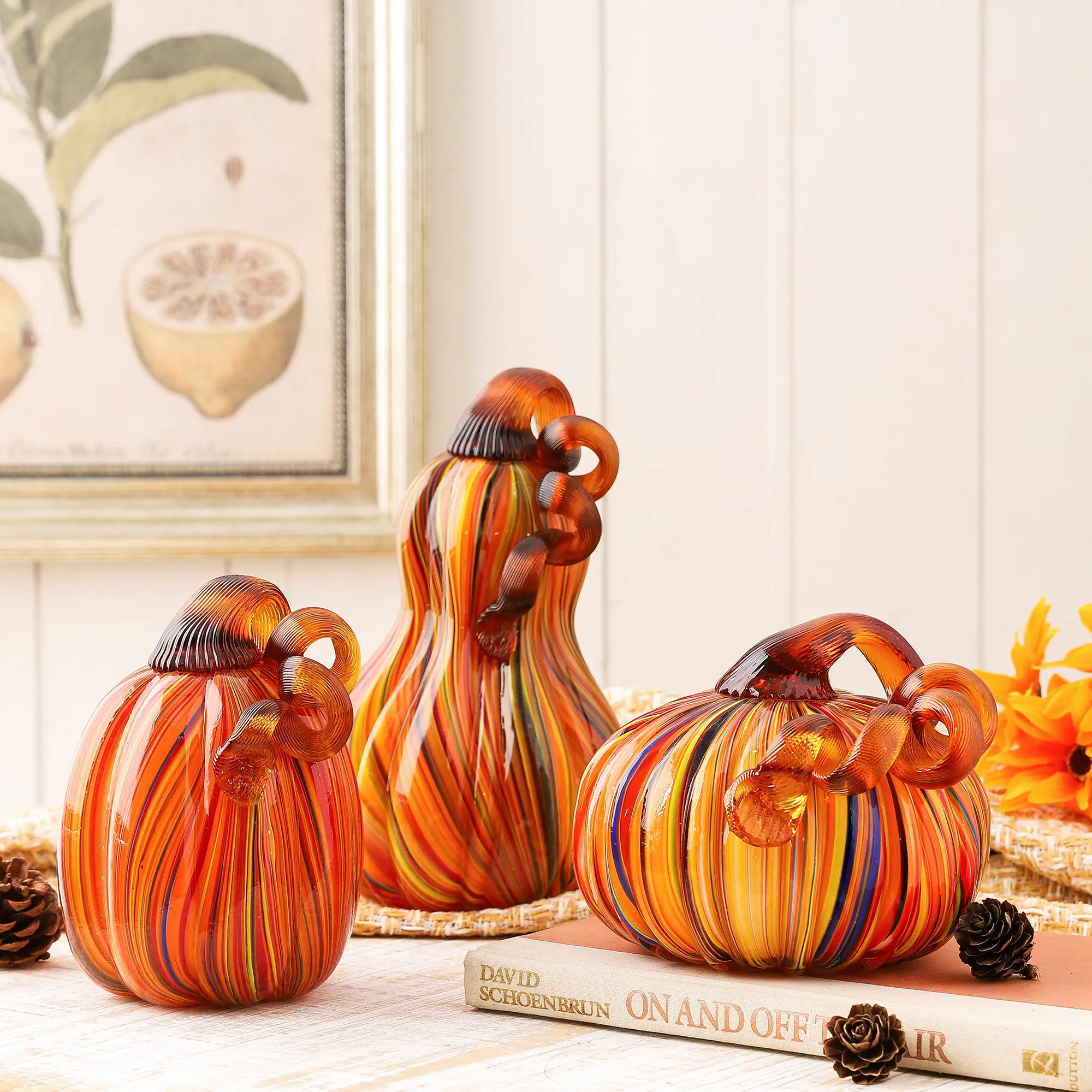 Glitzhome S/3 Multi Striped Glass Pumpkin & Gourd 4.75"L*4.75"W*5.5"H5.95"L*5.95"W*5"H5.25"L*5.25"W*8.5"H