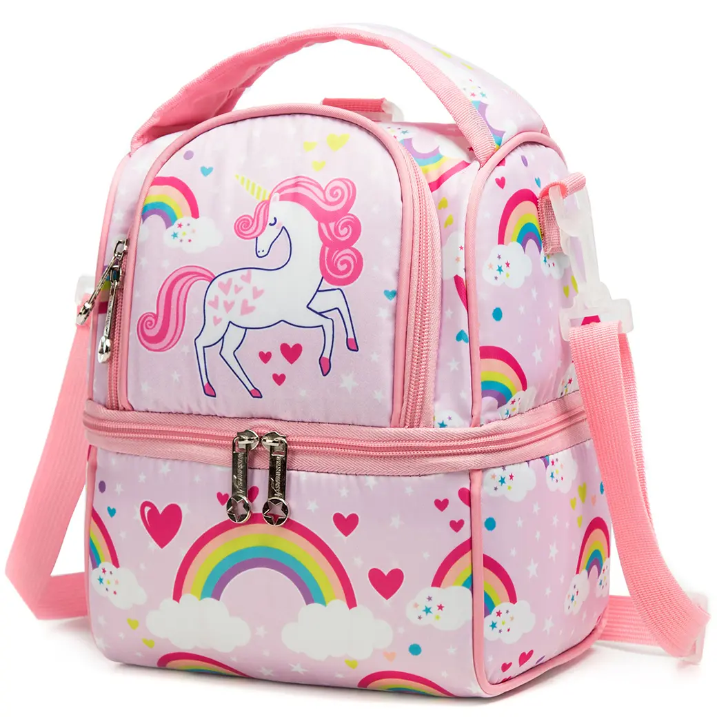 Kids' Pink Unicorn Lunch Box Backpack - Reusable Lunch Bag with Rainbow Hearts Design, Ideal for School Use, Outdoor Picnics, Reusable Lunch Bags Cute Bento Bag