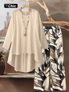 Women's round neck Fitted irregular print Woven fabric long-sleeved top and elastic waist solid color wide-leg pants two-piece set outfit, suitable for Beach, seaside vacations, lazy time, daily outings, holidays, home, casual wear