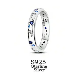 Celestial Magic! S925 Sterling Silver Star and Moon Cluster Ring – Blue Gemstone Bohemian Galaxy Statement Jewelry, Stackable Celestial Ring for Birthday Anniversary Gift