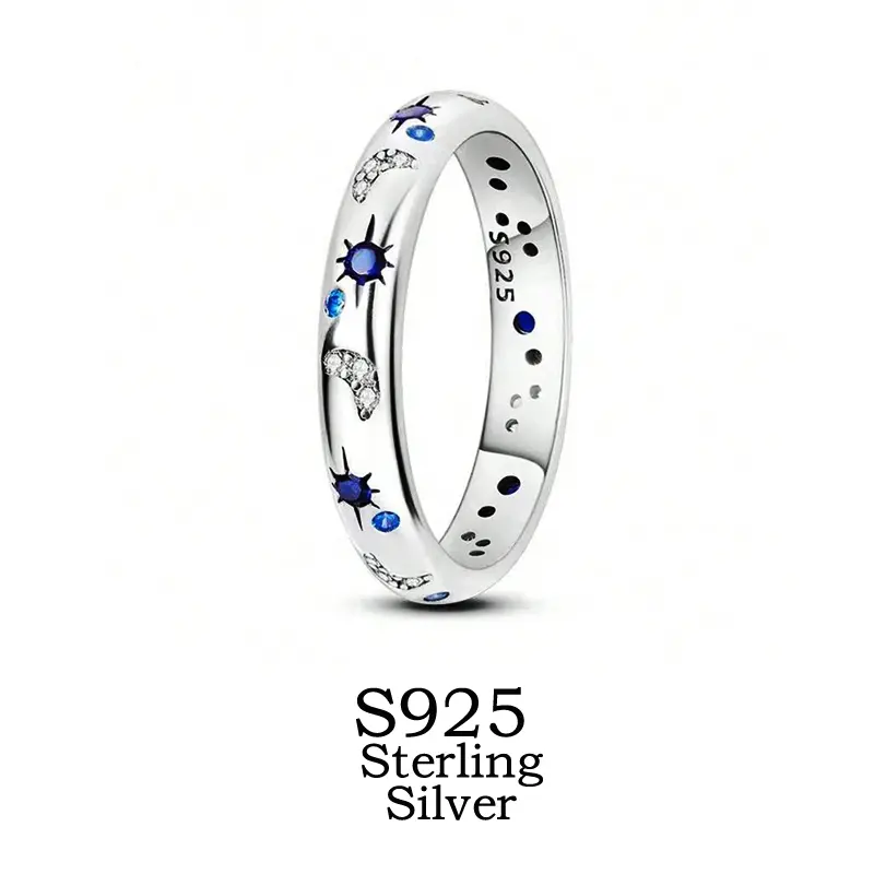 S925 Sterling Silver Ring, Bohemian Galaxy Star and Moon Cluster with Blue Gemstones, Stackable Multi-Stone Statement Jewelry for Women, Universe