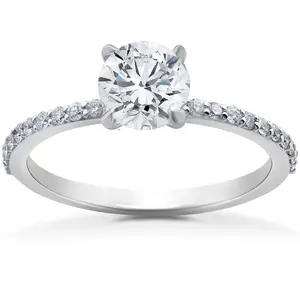 1 ct Lab Grown Diamond Side Stone Accent Engagement Ring 14k White Gold