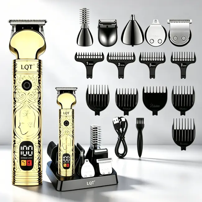 LQT Vintage Gold Engraved Cordless T-Blade Clipper & Trimmer Set - LCD Digital Display, Multi Interchangeable Heads, Barber Detail Shaver Kit with Charging Base, Guide Combs for Professional 0-Gap Hair Cutting