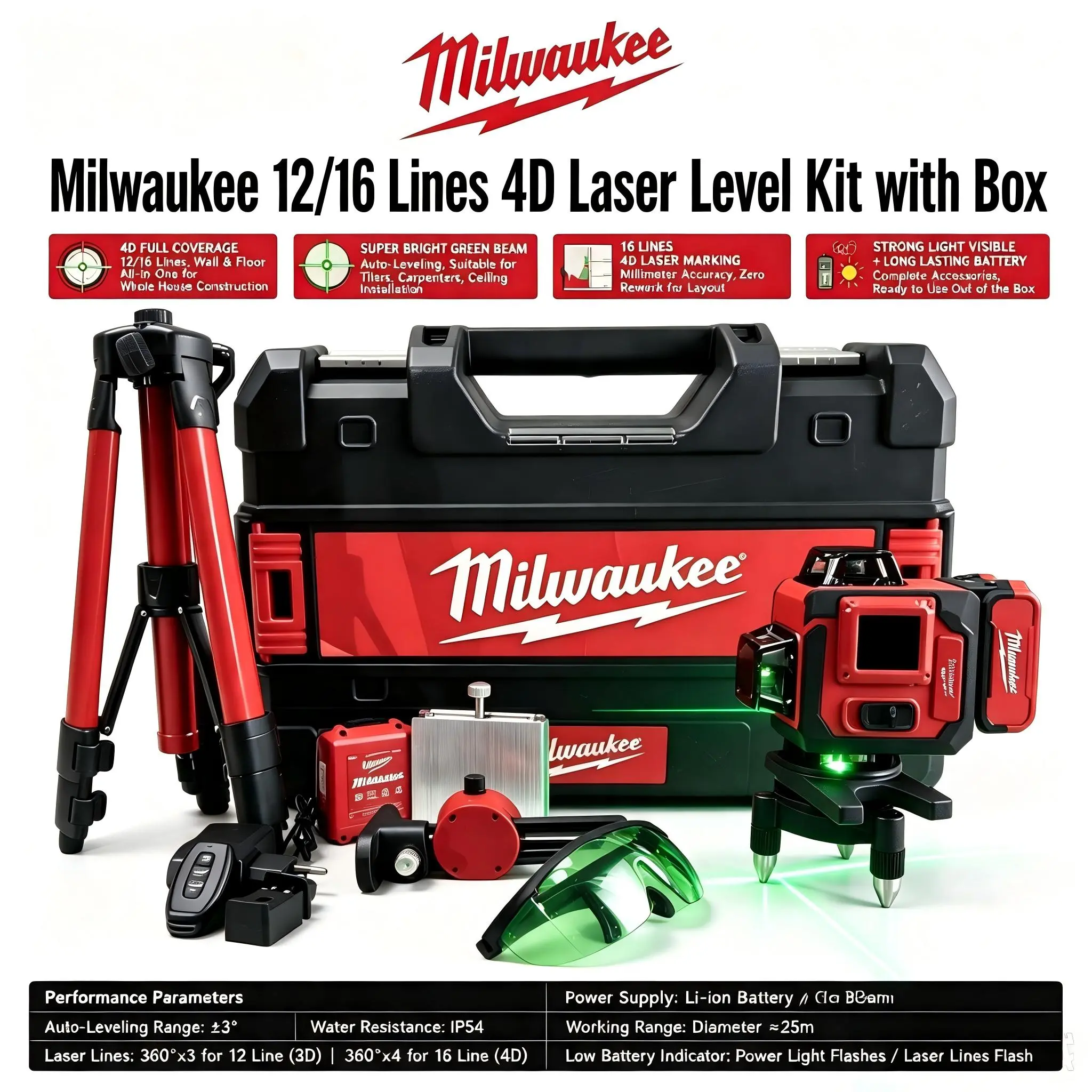 Milwaukee 16-Line 4D Green Beam Laser Level Combo Kit With Tripod Rotary Base And Hard Carrying Case For Professional Renovation And Precision Layout complete