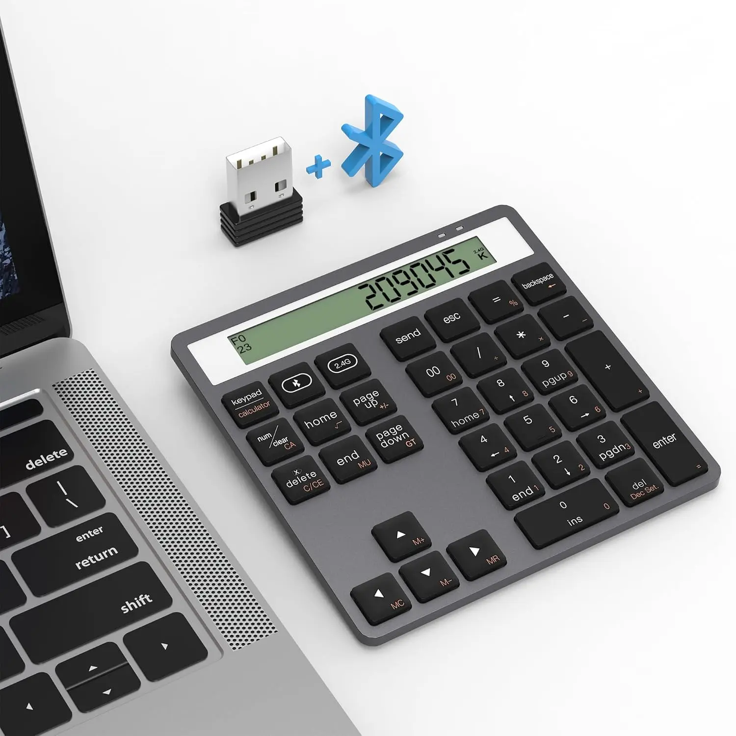 Wireless Bluetooth Numeric keypad and Calculator 2-in-1 Silent Multifunction keypad with Display Office Business for PC, Mac, Laptop, Desktop