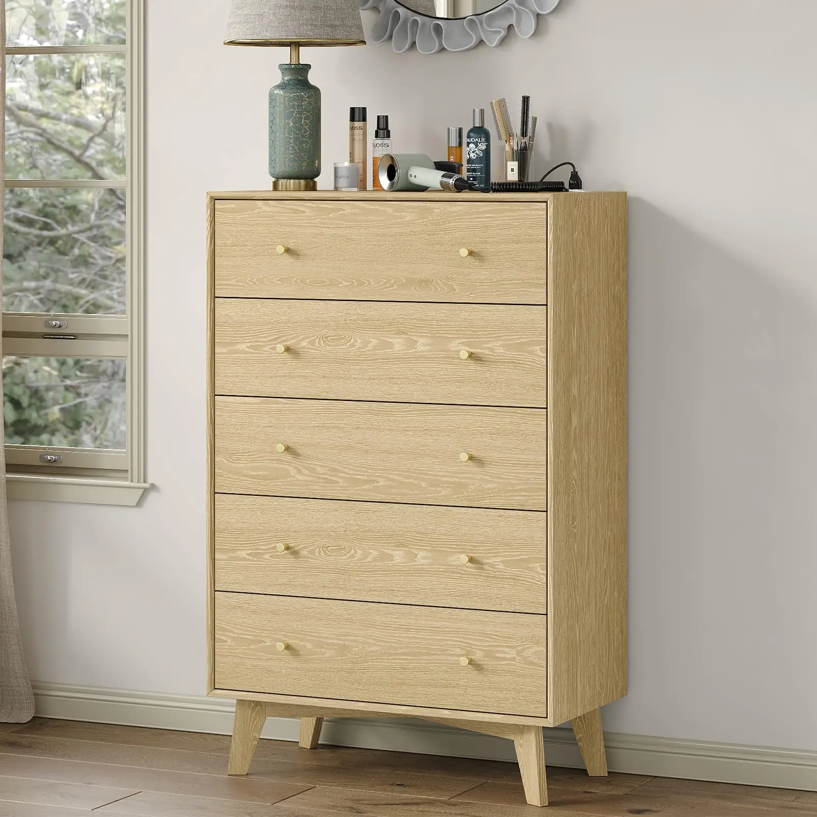 CollaredEagle Dresser for Bedroom, with Charging Station Wood Drawer Organizer, with 5 Drawers Dresser, Easy Assembly, for Bedroom, Living Room, Hallw