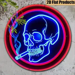 2d Flat Retro Skull and Cigarette Design Neon Metal Sign, Creative Neon, Decorative Neon Metal Sign for Home Party and Festival Decoration tin Halloween - 8x8 Inches Retro Skull Metal Wall Sign Dia De Los Muertos Skull Wall Decor