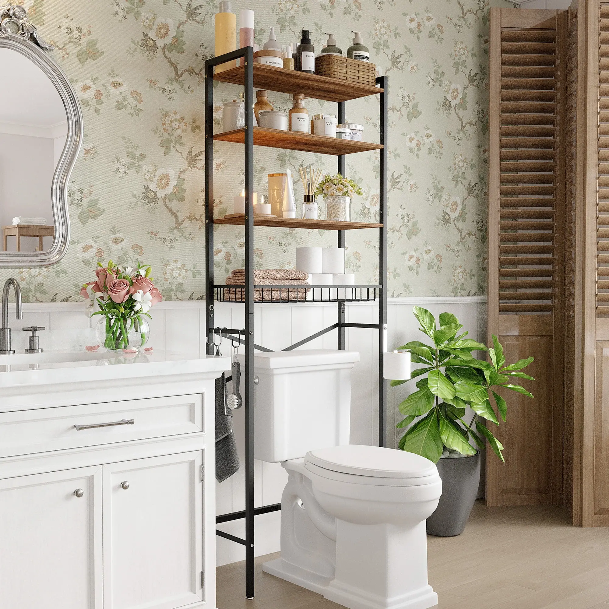 4-Tier Black Over The Toilet Storage Rack - Compact & Functional Organizer with Hooks & Holder, Toilet Hook for Small Spaces, Bathroom Organization Ideas to Keep Tidy, Keeps Bathroom Tidy