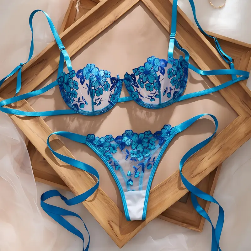 Women's romantic & sexy floral embroidery lace-up lingerie set, perfect for Valentine's Day dating and wedding outfits erotic lingerie