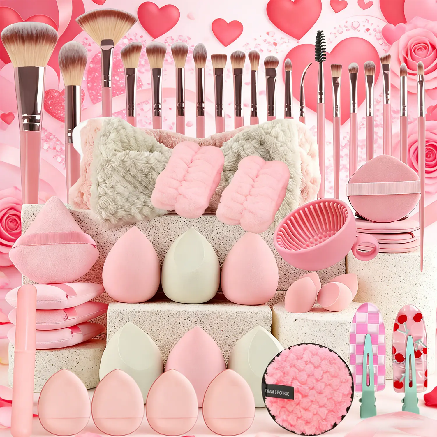 EGFSK Women's Cosmetic Brush Set (49/48 Pcs) - Premium Synthetic for Foundation, Powder, Concealer, Eyeshadow, Blush, Plus Beauty Sponge, Powder Puff, Headband, Cleaning Bowl, Storage Bag, Makeup Mirror, Travel & Holidays Accessories (Pink)