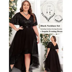 High Waist Plus Size Women Maxi Dress + Black Necklace Set (Including Necklace Earrings Bracelet), V Neck Irregular Hem Evening Party Dating Night Out Prom Dress Attire
