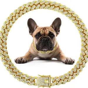 Dog Chain Diamond Collar, Walking Metal Chain Necklace, Secure Buckle, Pet Cuban Style Collar, Jewelry Accessories for Dogs and Cats