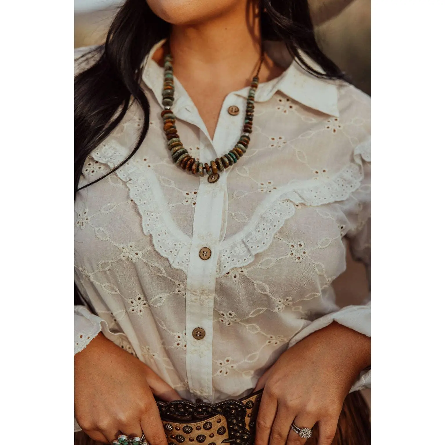 Turquoise Haven "Prairie Eyelet" Western Ruffle Blouse — Ivory Eyelet with Wooden Buttons & Flared Cuff Hem (small remains)