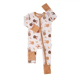 Noah ZIP Super Soft Bamboo Easter Bunny Viscose Baby Romper with 2-Way Zipper for Easy Diaper Changes & Mitten Cuffs for Comfort 0-24m