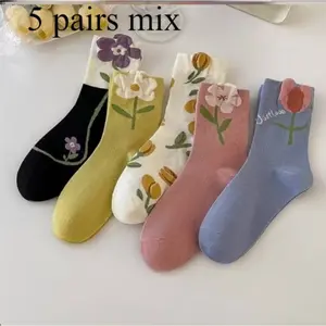 5 Pair of 3D Flower Socks for Women, Summer Artistic Spring Mid-Calf Socks, Chinese Style Sweet Cute Trendy-the-Knee Socks for Outerwear