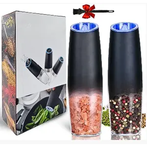 2 Pack Gravity Electric Salt and Pepper Grinder Set Automatic Battery Powered Salt Mill, Adjustable Coarseness, with Blue LED Light, One Hand Operated
