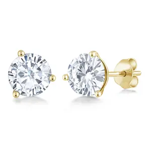 14K Yellow Gold White Moissanite Friction Back Martini Stud Earrings | 1.60 Cttw | Round 6MM | Gold Earrings For Women Men