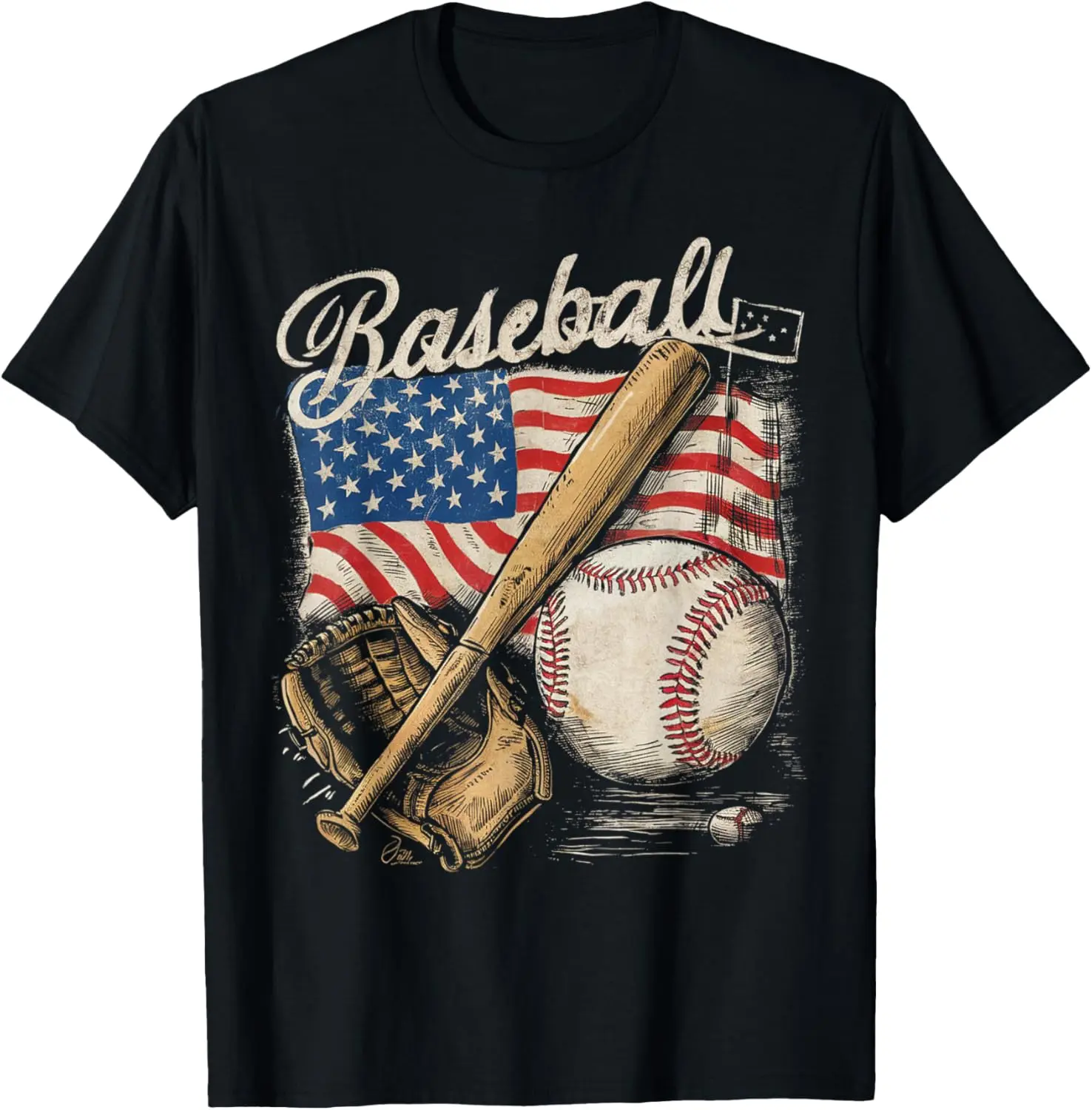 American Flag Baseball Player Bat Fan Catcher Pitcher USA Summer Outdoor Casual T-Shirt
