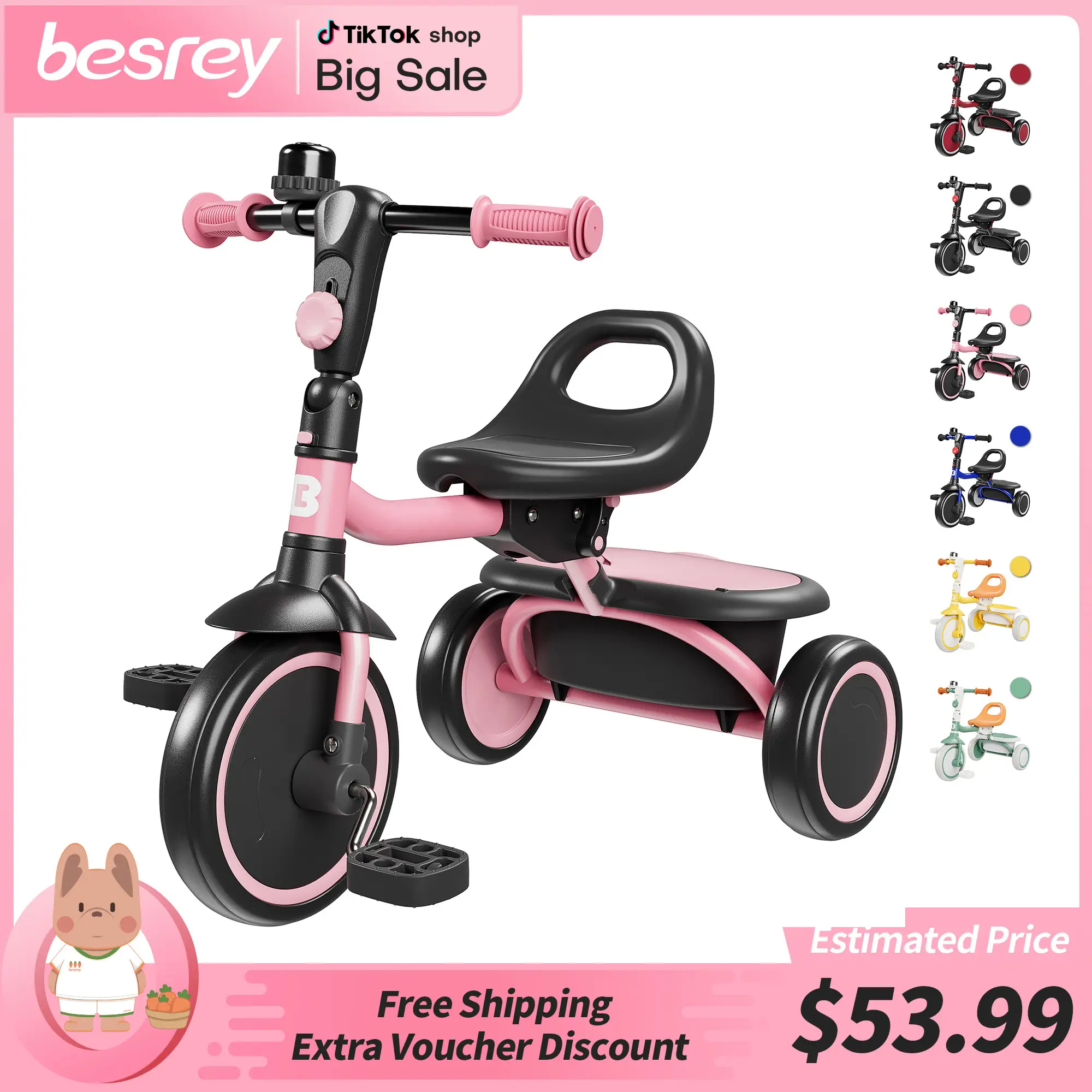 Besrey 3-in-1 Kids Tricycle for 18 Months-5 Years Old - Lightweight, Portable,Adjustable seat, Convertible Pedals, Balance Training Wheels,Toddler Tr