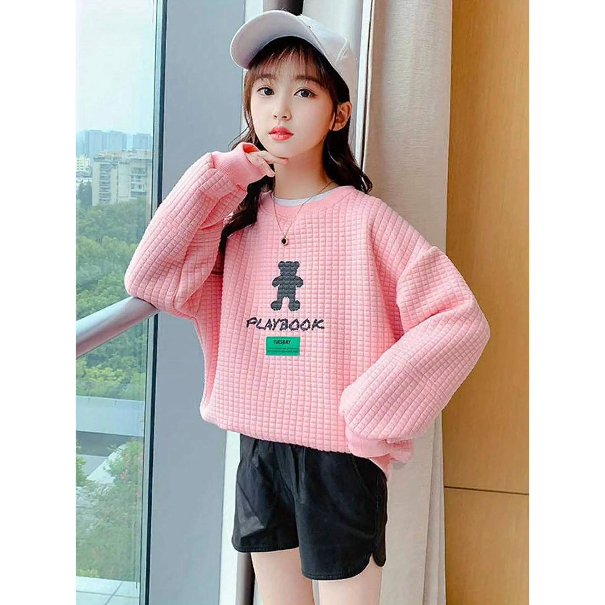 Girls' Soft Cotton Plaid Print Graphic Bear Knit Sweater - Slim-Fit, Round Neck, Long Sleeve Shirt, Pastel Pink & Blue, Easy Care, 4-5y/5-6y, Back to School Casual Pullover, Cozy Layering Piece, Pull On (No Pockets)