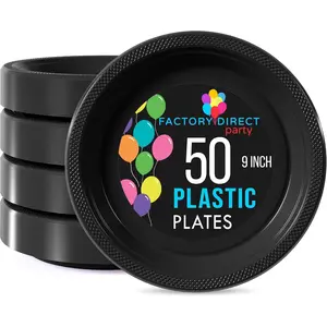 Exquisite Party Solids Black Plastic Plates For Party Supplies 7" Black Disposable Plates Heavy Duty 50 Pcs Plastic Dinnerware Sets Heavy Duty 350 GSM Disposable Dinnerware Set
