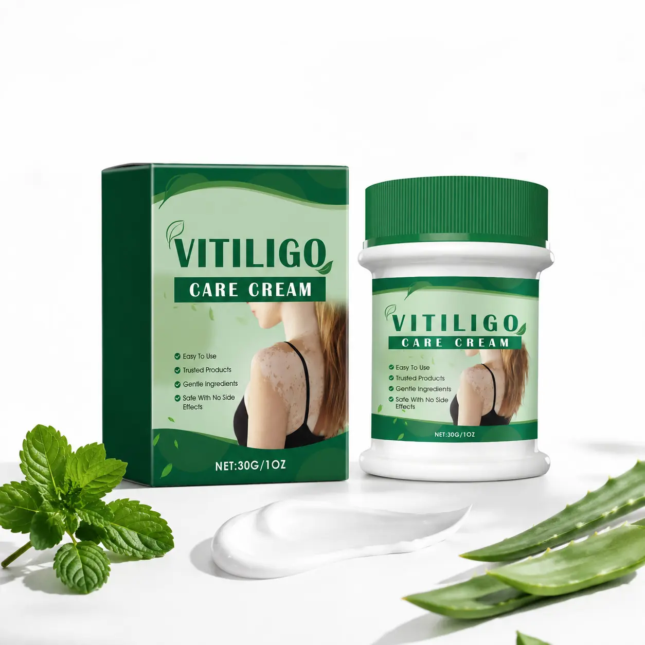 Unscented Vitiligo Treatment Cream (30g) with Mint & Aloe Vera - Daily Soothing Topical Skincare Moisturizer for Hydrating, Tone Evening, Nourishing Repair (2 years)
