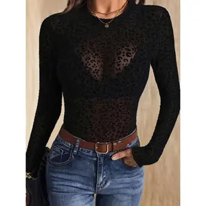 Sexy Leopard Print Sheer Mesh Bodysuit for Women - Stretchy Polyester, Crew Neck, Long Sleeve, Faux Fur Lined, Casual Chic Style, Perfect for Spring & Fal