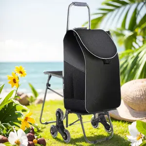 Foldable Stair-Climbing Shopping Cart, Portable Size Trolley with Stair-Climbing Wheels, Waterproof Bag, Built-In Seat for Outdoor Grocery Shopping & Effortless Transport