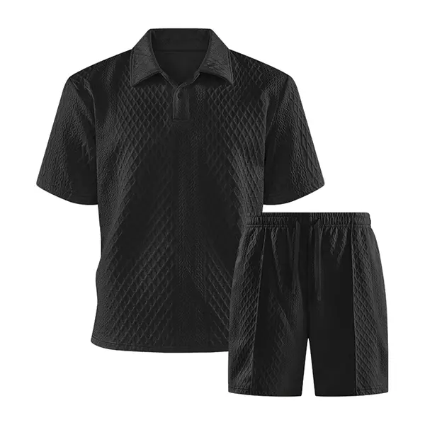 Men's 2-Piece Casual Polo Shirt Set, Diamond Jacquard Menswear Top with Sleeves, Skin-Friendly Comfortable Fabric, Minimalist Versatile Design for Everyday Wear & Vacations, Classic