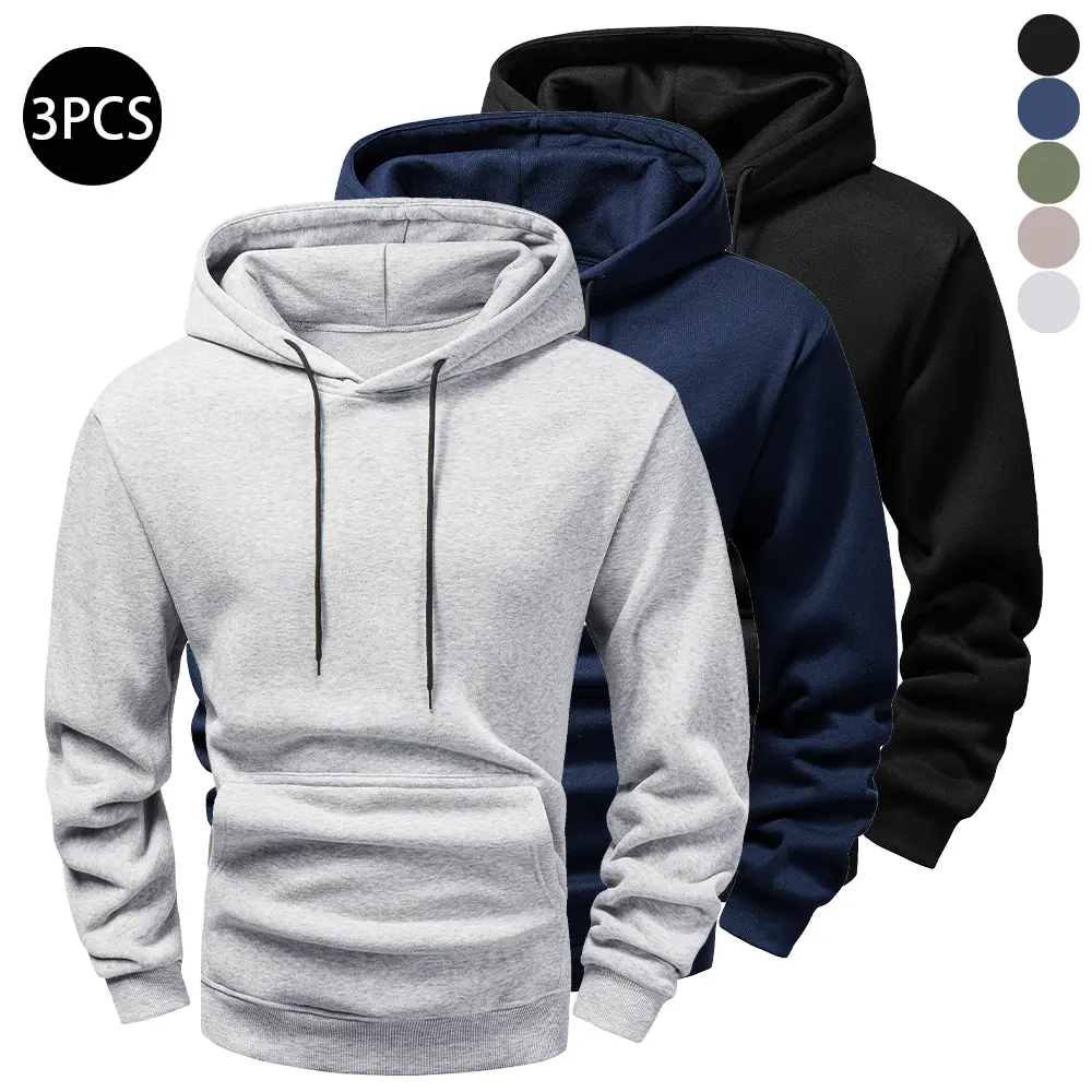 Men's 3-Pack Pullover Hoodies - Regular Fit, Long-Sleeve Polyester Plain Sweatshirts for Casual Sports, Daily Wear, Preppy Menswear Tops, Black + Navy Blue + Light Gray, Fitted