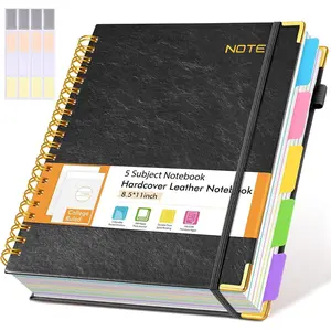 Hardcover Large Spiral Notebook 8.5" x 11" with Removable Dividers Tabs, 300 pages Leather 5 Subject Notebook College Ruled, A4 Journal for Women Men, Notebooks for Work School Note taking,Black