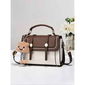 Fashionable Colorblock PU Leather Handbag with Cute Bear Charm, Trendy Crossbody Zipper Purse for Women, Casual Chic Shoulder Bag for Streetwear & Everyday Use