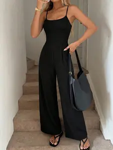 Spring Summer Plain Backless Romper, Perfect for Vacation Casual Wear, Solid Color One-Piece, Comfortable and Stylish