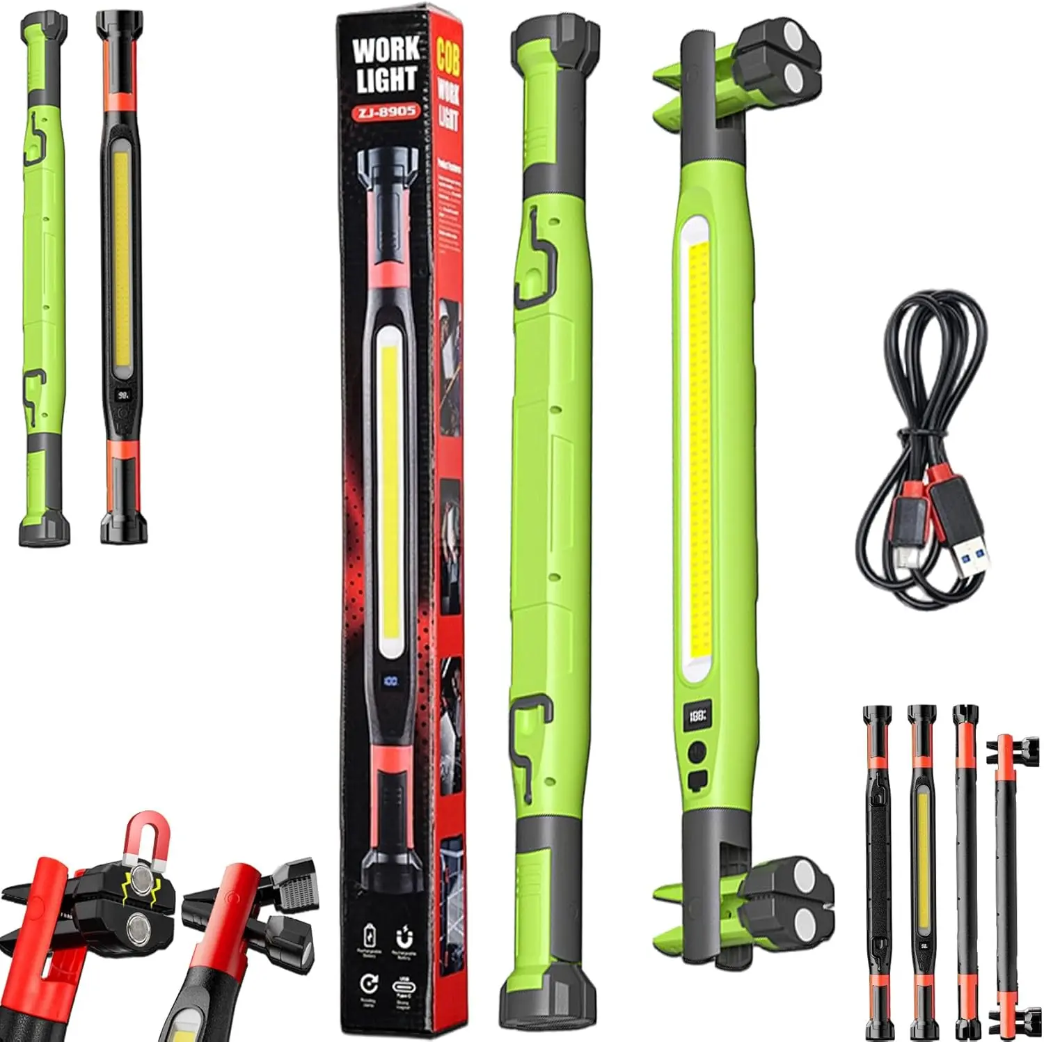 YXCY 2026 New Under Hood Work Light Bar, LED Magnetic Light Bar with Hooks, Cordless Rechargeable Hood Light for Mechanic/Car Repairing/Garage-Black & Green