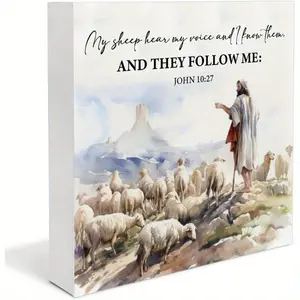 Christian Easter Decor Religious My Sheep Hear My Voice Wood Block Sign r Spring Home Desk Table Shelf Decoration, Easter Gift 5x5 inch