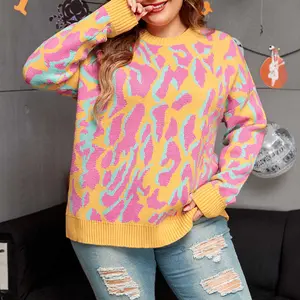 Bright Pink Plus Size Leopard Ribbed Trim Sweater