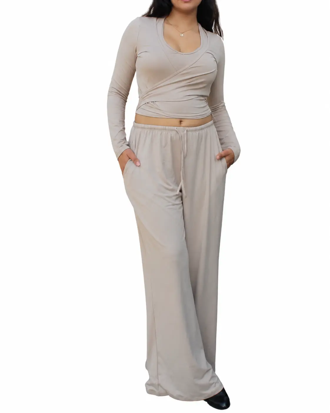 Women's Ribbed Comfortable 3-Piece Beige Long-Sleeve Crop Top Set with Wide-Leg Pants, Soft Drawstring Waist, and Matching Casual Bra