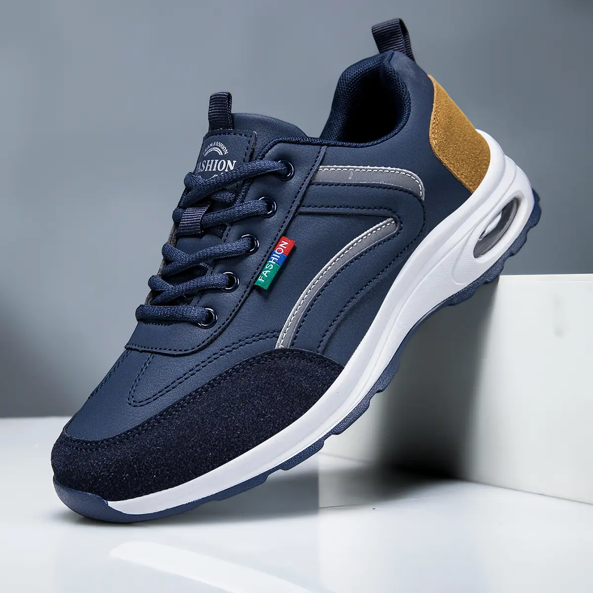 Men’s Faux Leather Lace-Up Thick-Sole Running Athletic Shoes - All-Day Casual Trainers, Comfortable Non-Slip Soft-Sole Footwear for Outdoor Sports, Indoor Fitness, Men’s Shoes, Outdoor Wear, Pvc Sole